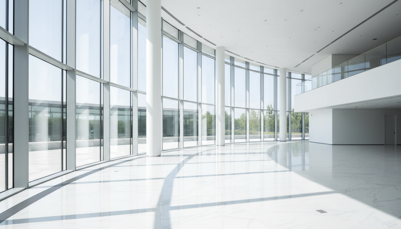 Pristine modern office lobby with polished floors and natural light