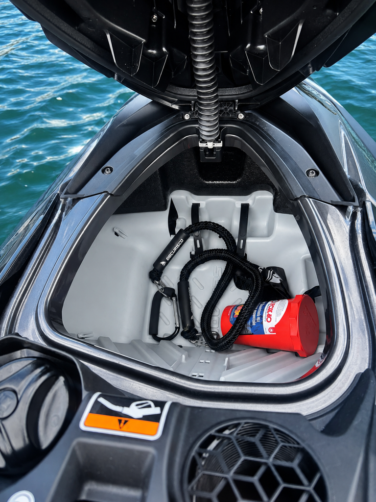 Inside the front storage compartment of a Sea-Doo GTI SE 170 with safety kit