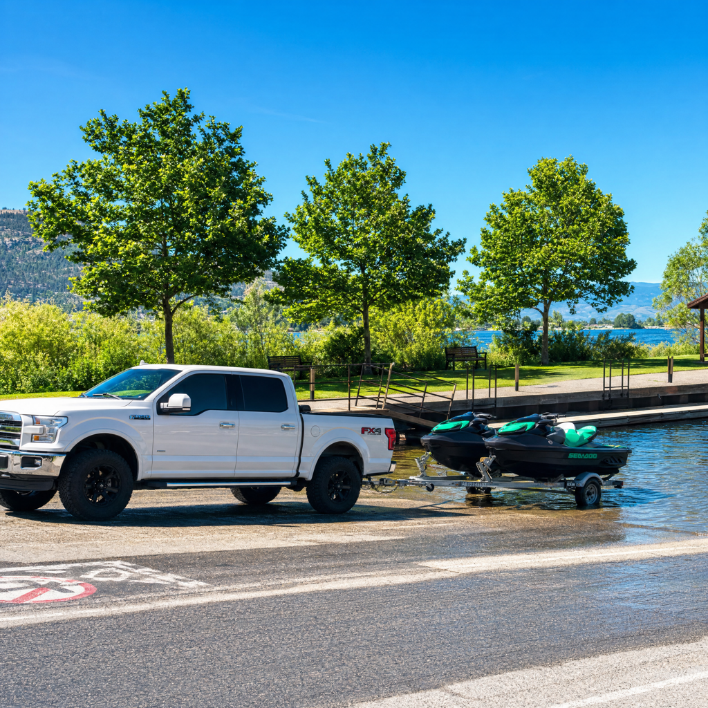 Kelowna Watercraft Co. delivery truck and trailer with two Sea-Doos at a boat launch