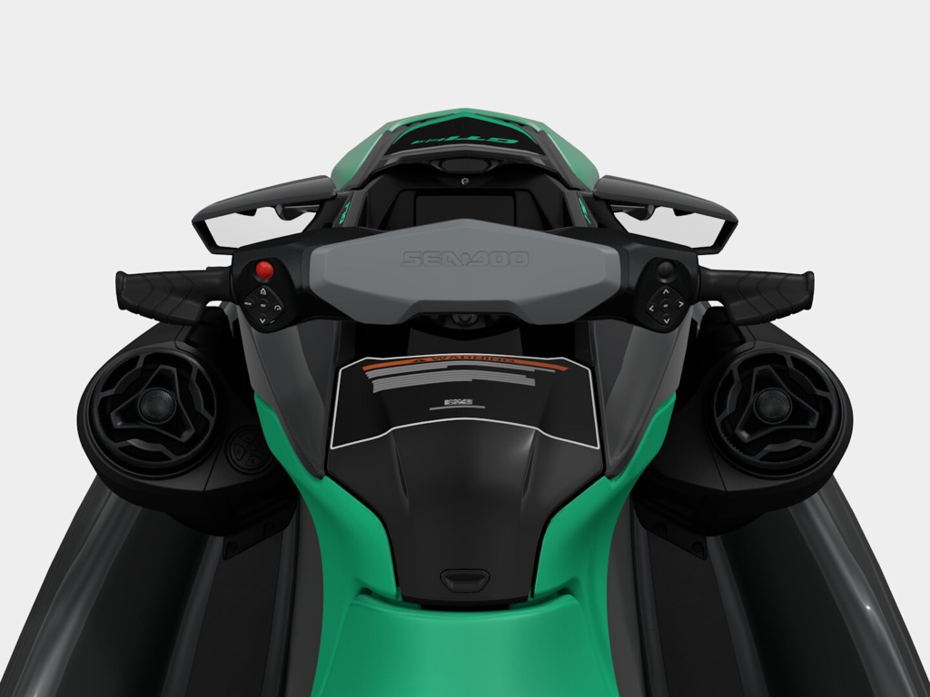 Close-up of the Sea-Doo GTI SE 170 Bluetooth audio console and handlebars