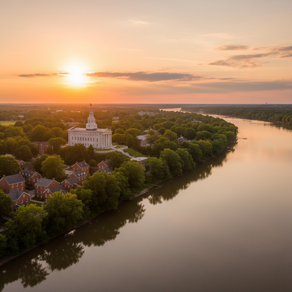 Nauvoo Illinois Temple and Mississippi River at golden hour