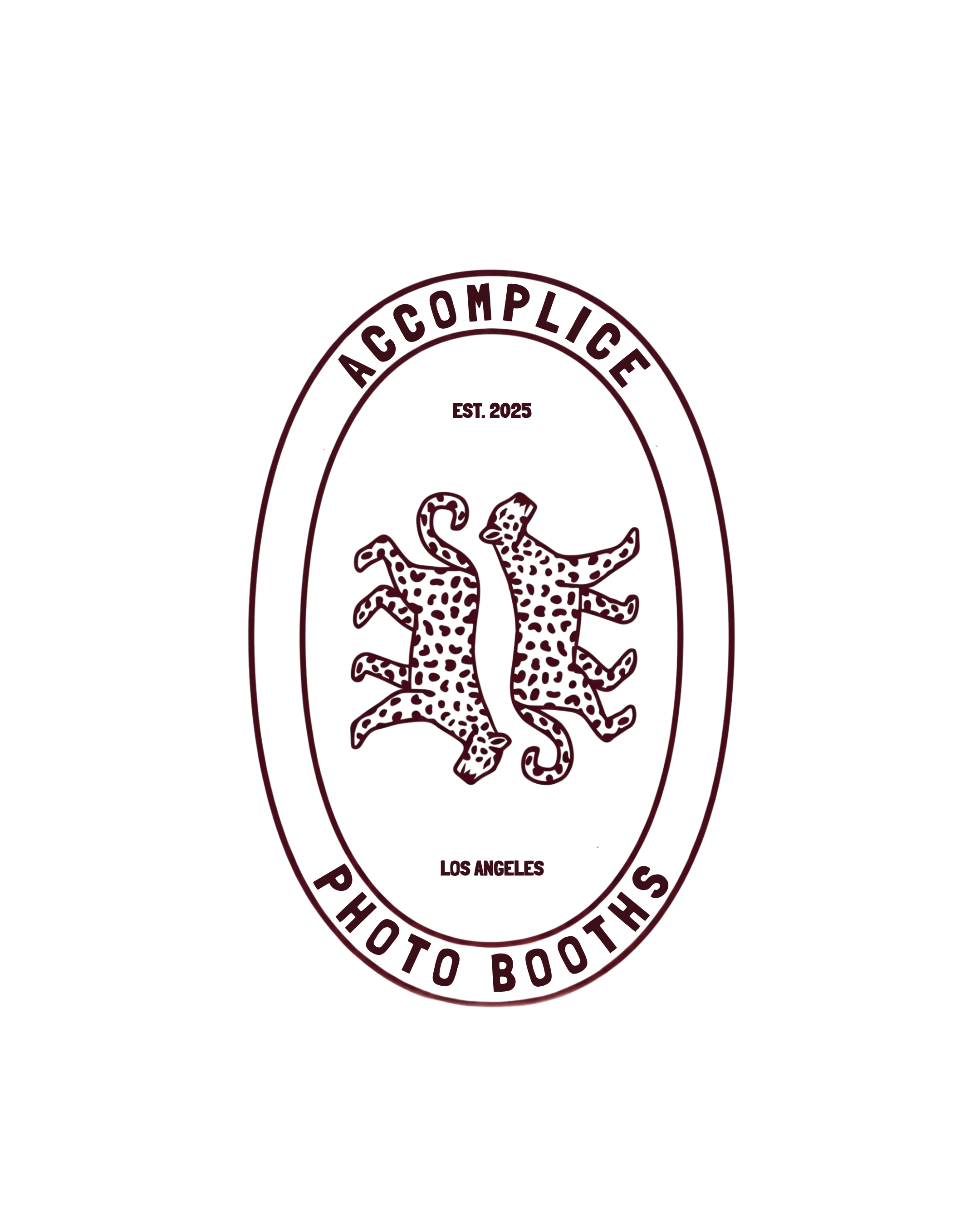 Accomplice Photo Booths emblem with mirrored leopards, est. 2025, Los Angeles