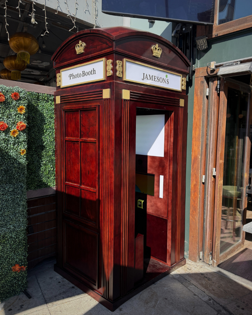 Custom photobooth installation with British phone box styling