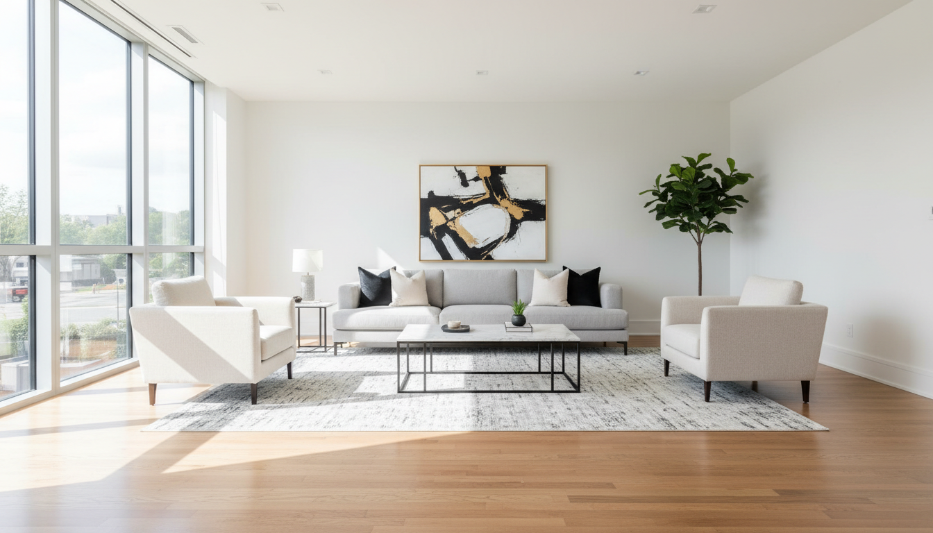 Professionally restored modern living room with pristine hardwood floors and natural light