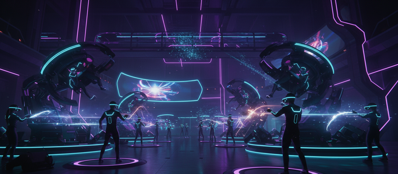 Immersive VR entertainment venue with neon lighting