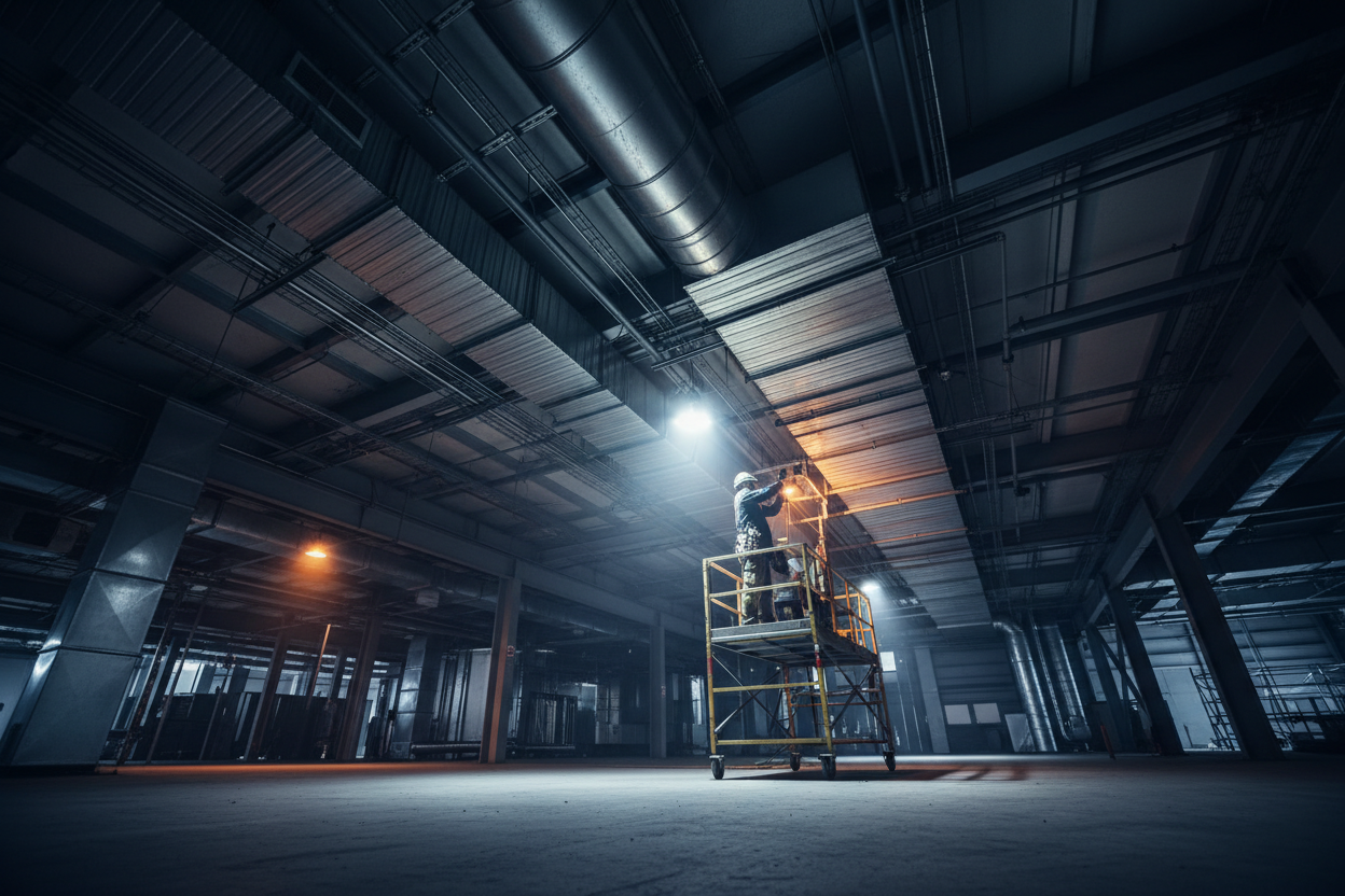 HVAC technician installing commercial ductwork