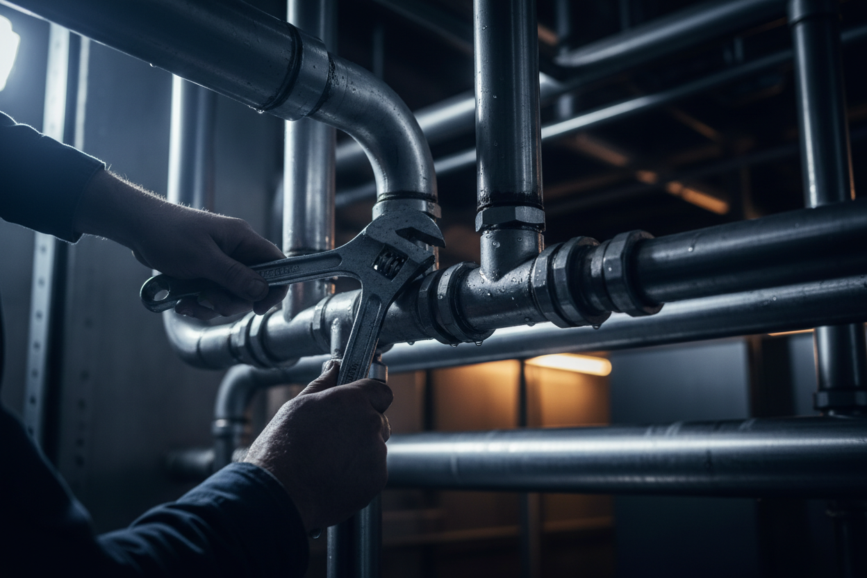 Plumber working on steel piping