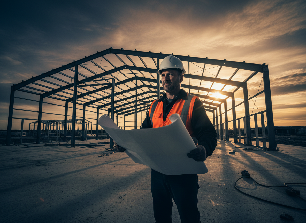 Contractor on a modern construction jobsite at golden hour