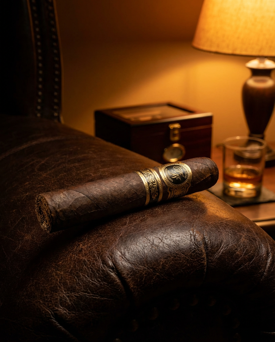 Webb's cigar resting on leather