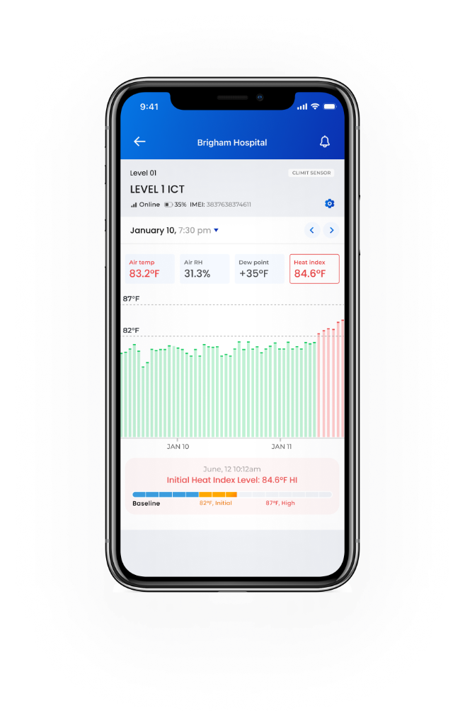 CLīMIT heat index monitoring app showing 84.6F heat index with Cal/OSHA threshold alerts