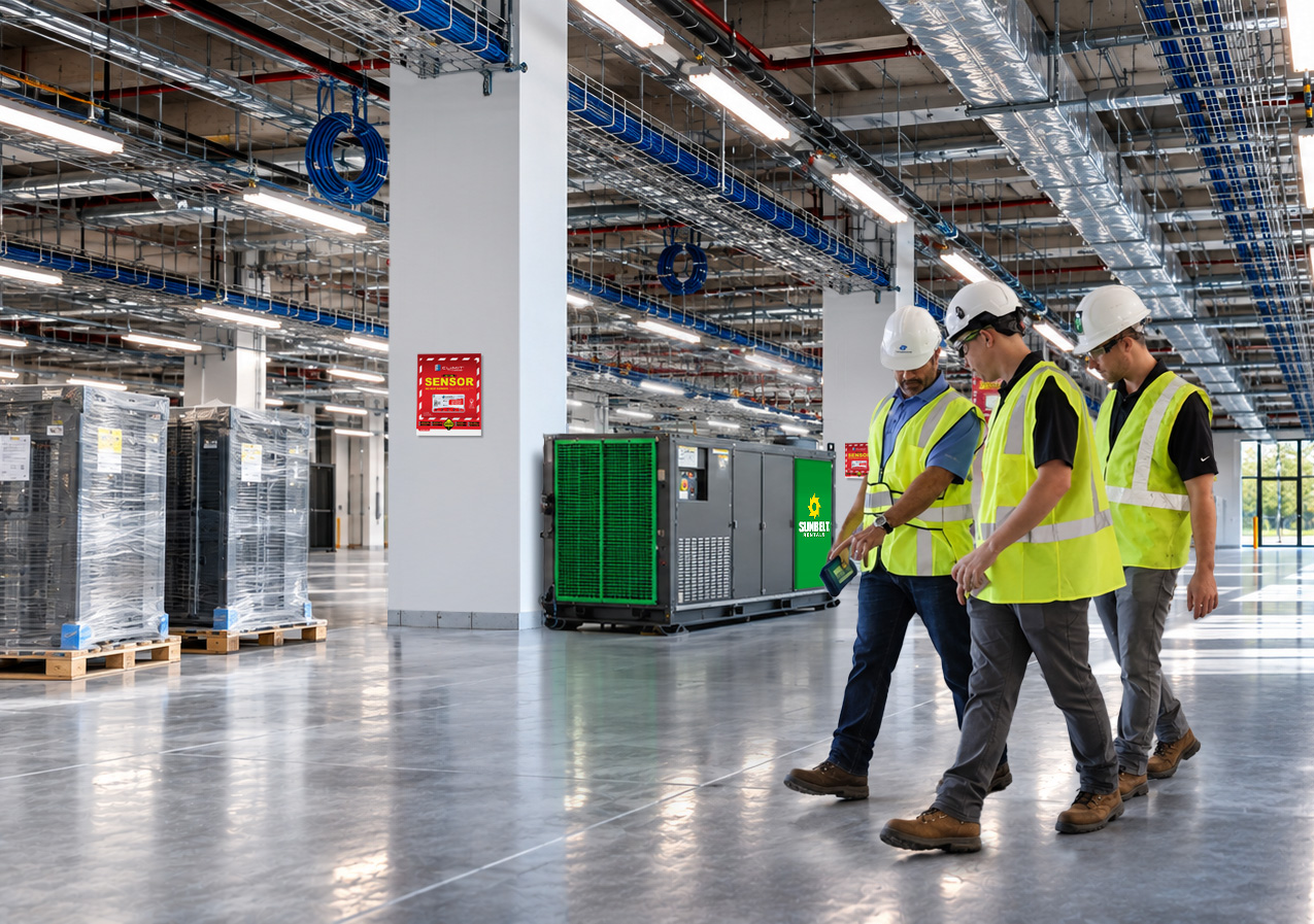 Contractors walking a jobsite past CLīMIT sensor signage while monitoring conditions