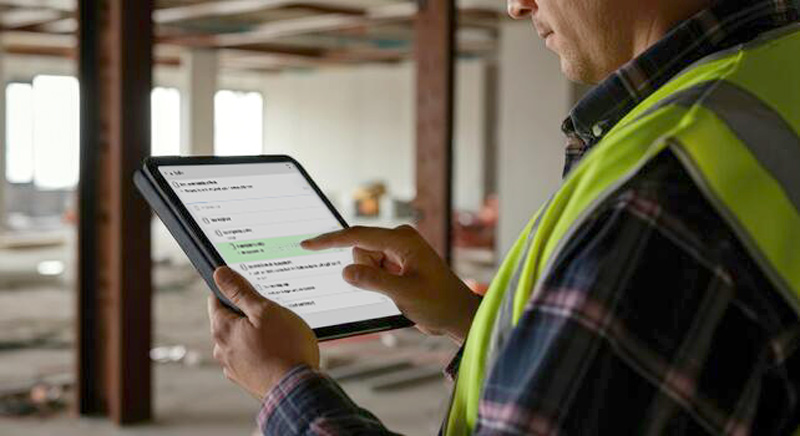 Construction worker holding tablet with building schematics on jobsite