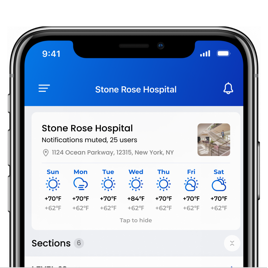 CLīMIT mobile app showing a 7-day weather forecast for a jobsite