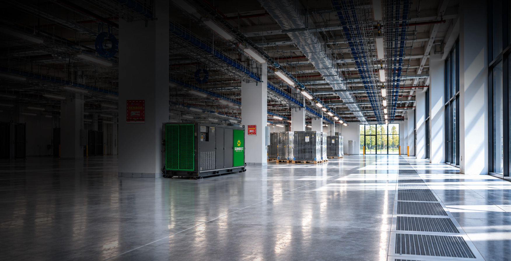 Data center interior with climate control equipment and sensor signage on support pillars