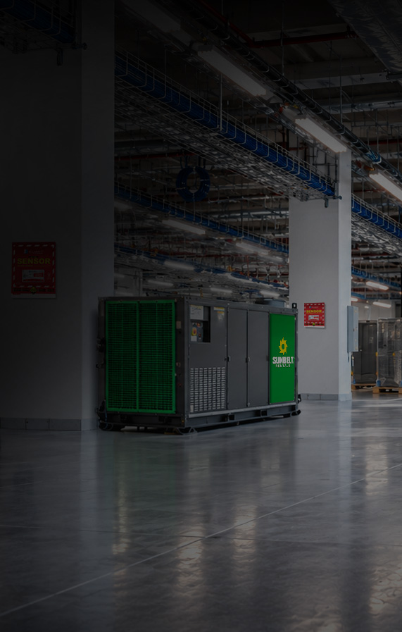 Industrial climate control unit with Sunbelt Rentals branding and sensor signage on support pillars