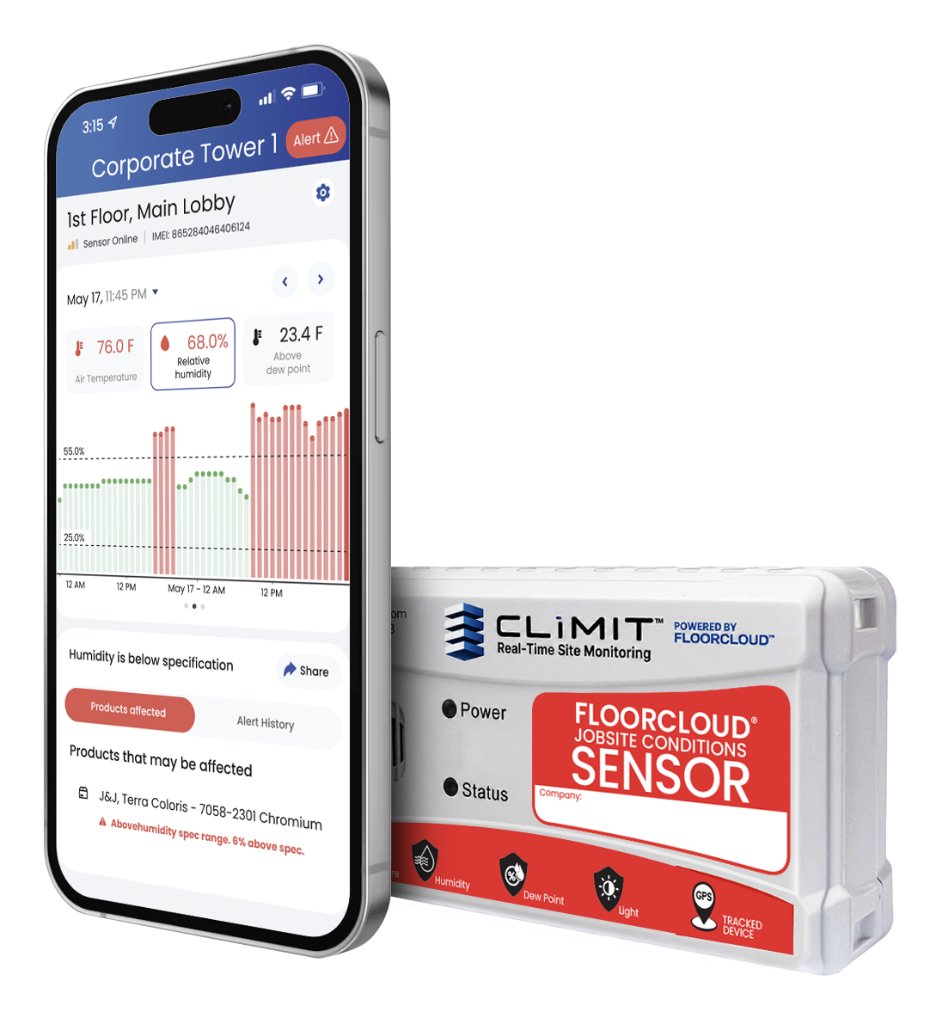 CLīMIT app screenshot showing real-time jobsite monitoring