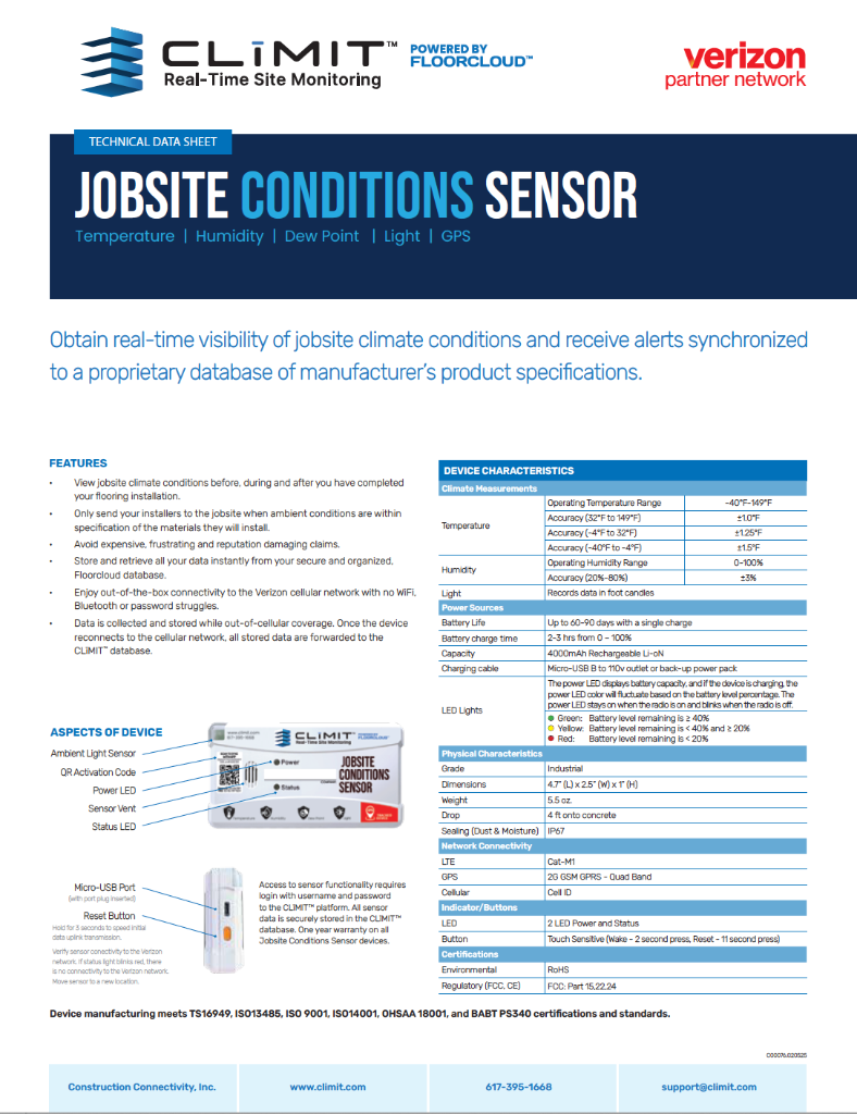 Technical Data Sheet – Jobsite Conditions Sensor