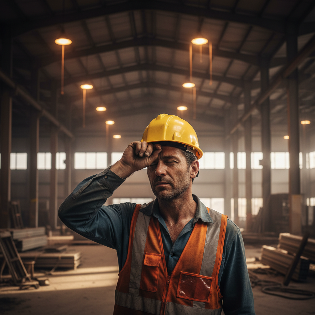 Construction worker in hard hat wiping sweat inside a hot warehouse
