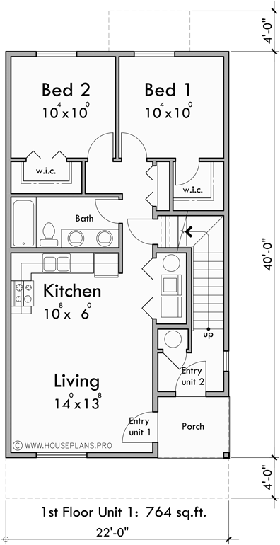 F-672 Level 1 flat floor plan — 764 SF