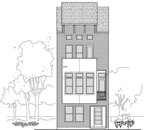 Brick bay townhome front elevation line drawing