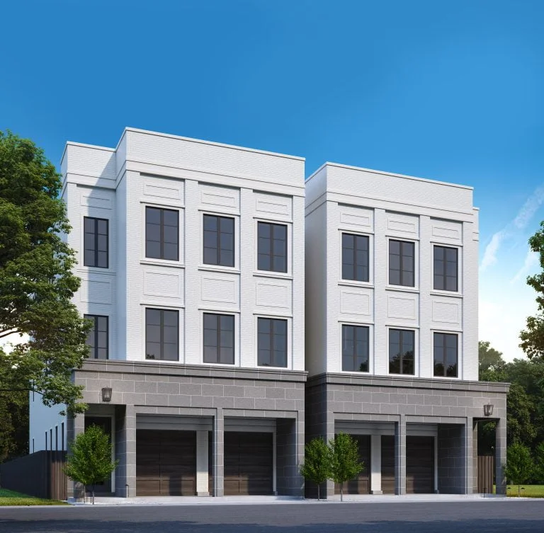 Paired white-brick luxury infill homes over stone garage bases