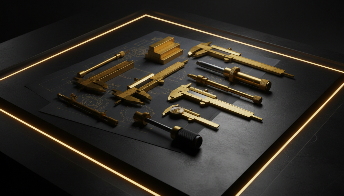 Precision tools and blueprints on a manufacturing workbench