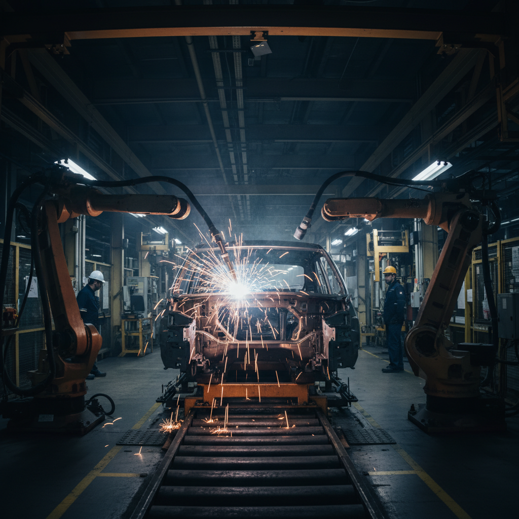 Robotic arm welding on a manufacturing assembly line