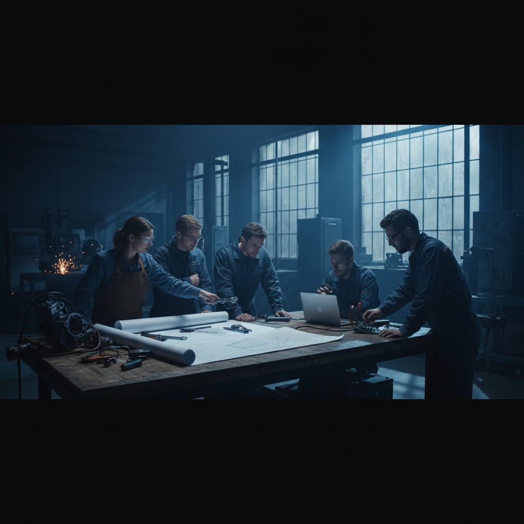 Engineering students collaborating at a manufacturing workbench