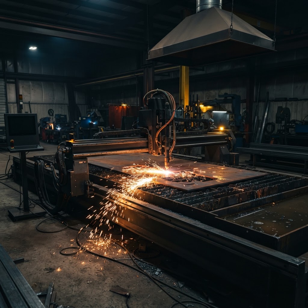 Industrial CNC plasma cutting machine cutting steel plate