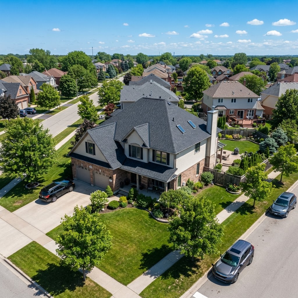 Aerial view of a residential roof installation project