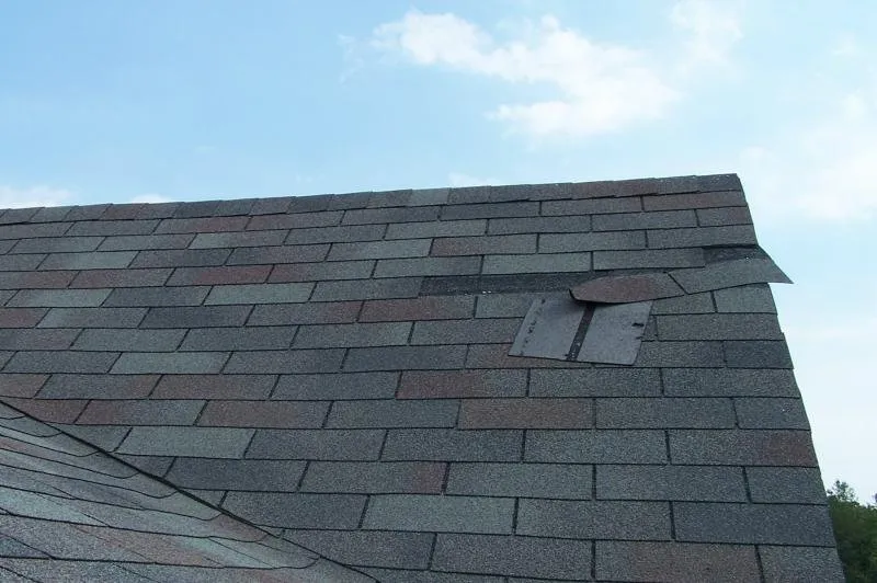 Wind damage on an asphalt shingle roof