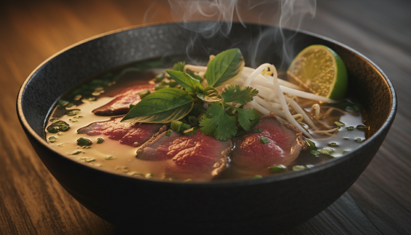 Steaming bowl of Vietnamese pho noodle soup at Pho Noodle Bar in Kihei, Maui