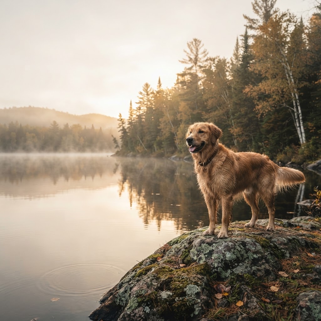 A dog gazing across a Northern Ontario boreal lake at golden hour