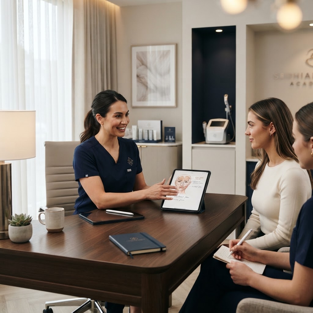 Professional medspa consultation about laser treatment planning