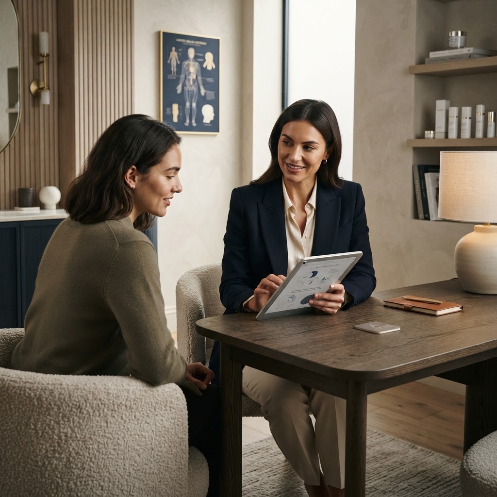 Modern medspa consultation follow up in a premium training setting