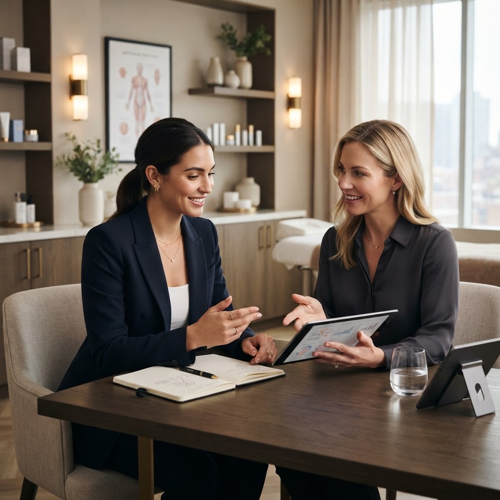 Modern aesthetics training consultation in a premium medspa setting