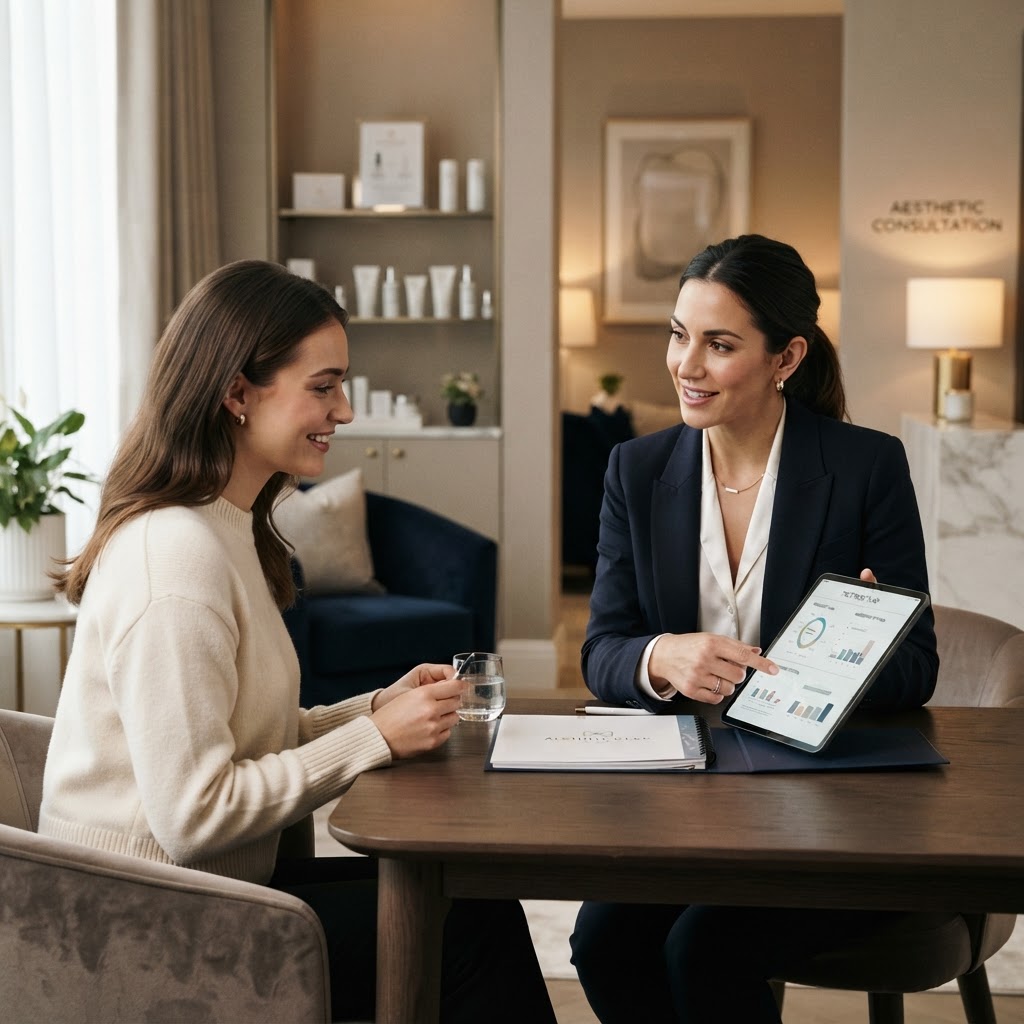 Medspa consultation in a premium aesthetic training setting