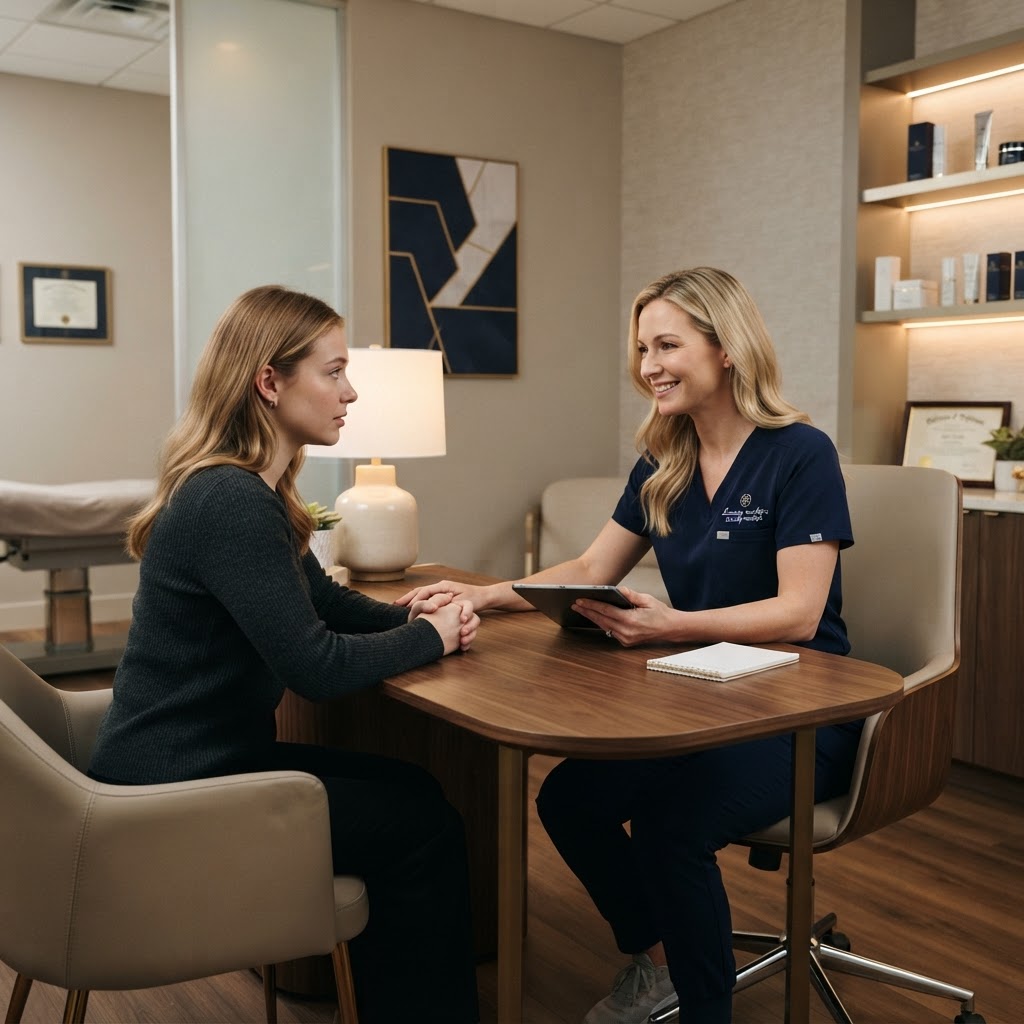 Calm medspa consultation with a nervous aesthetic patient