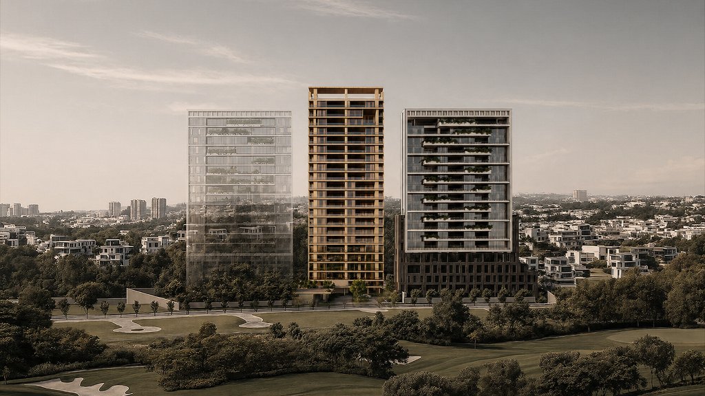 Render exterior de Torre 2 de Veranda Las Lomas al atardecer, con vista al campo de golf de Las Lomas Golf & Hábitat