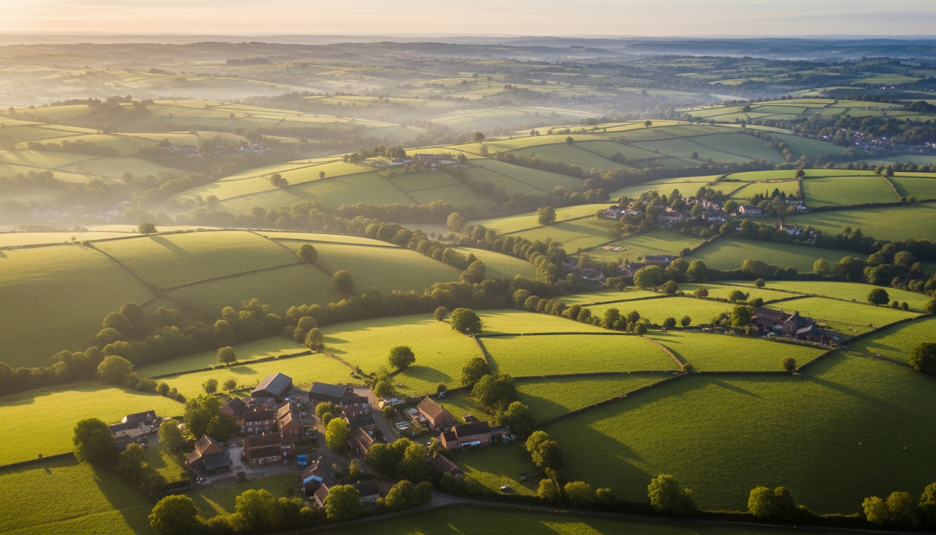 East Midlands rolling green hills aerial view