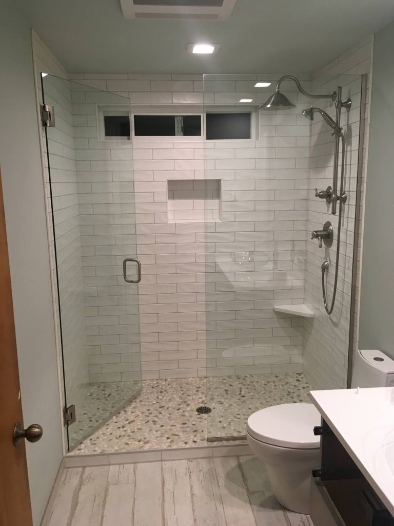 Rain head and handheld shower — brushed nickel — subway tile