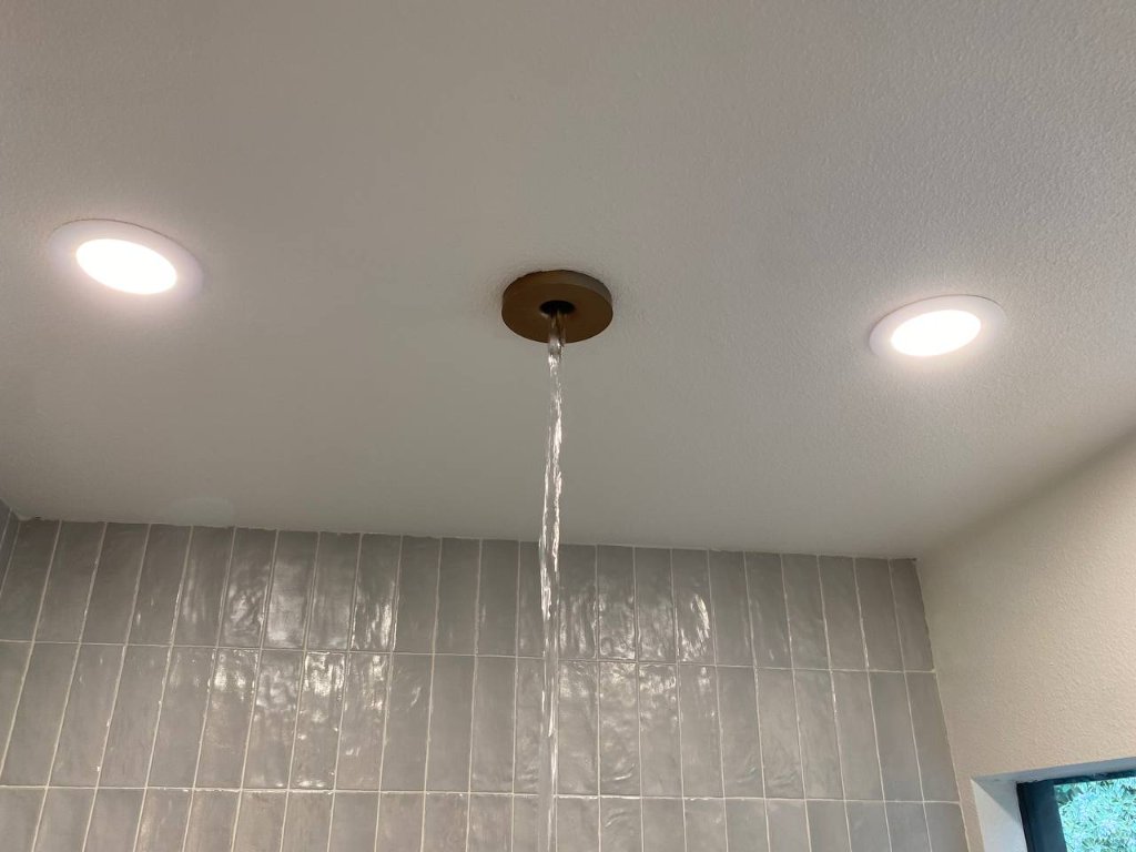 Ceiling-mount waterfall shower head with recessed lighting