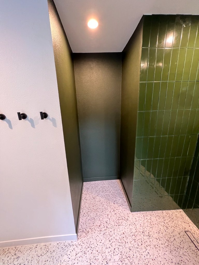 Curbless shower entry niche — textured green paint, terrazzo