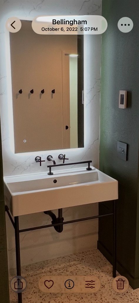 Lake house — backlit floating vanity with wall-mount faucet, wave switch and radiant heat thermostat on green wall, terrazzo floor