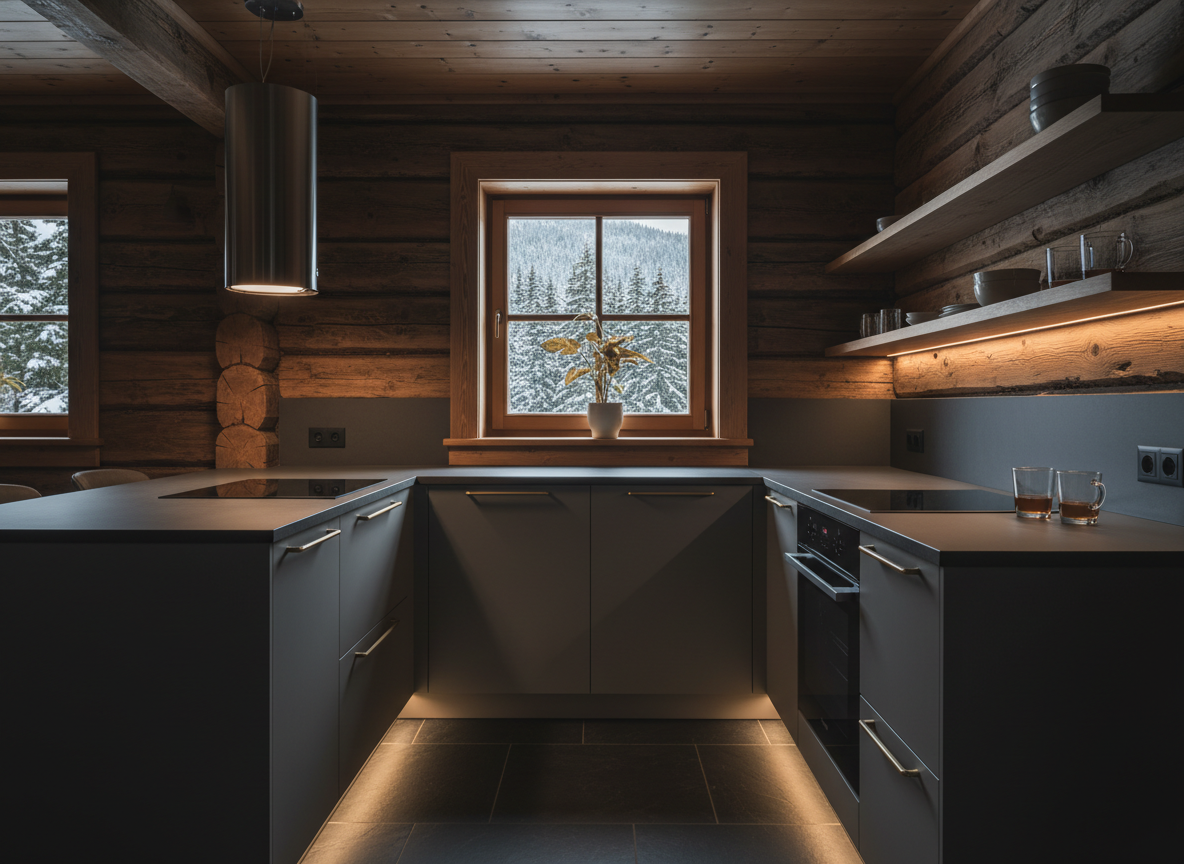 Artisan kitchenette with timber walls