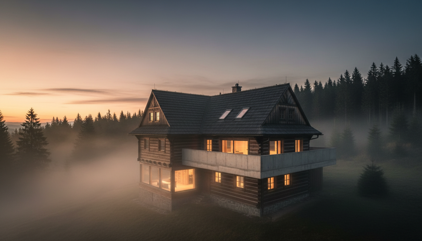 Mountain forester's house at dawn in the Krkonoše mountains