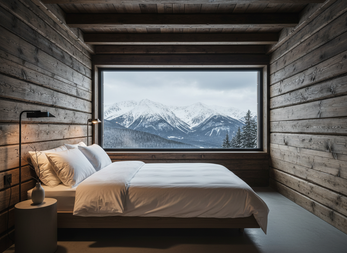 Modern bedroom with mountain view