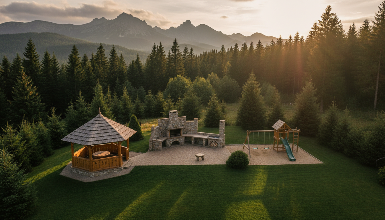 Mountain garden aerial view with gazebo and barbecue