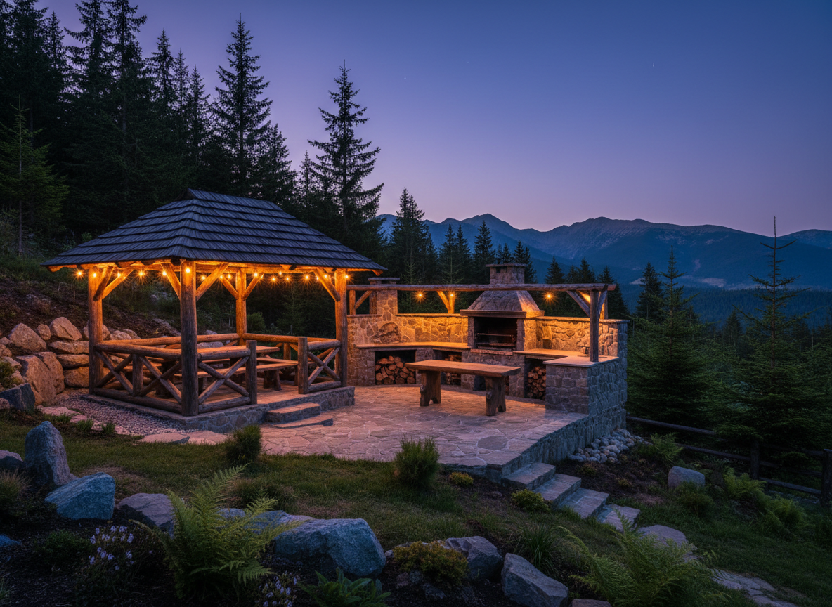 Mountain gazebo and outdoor kitchen at evening