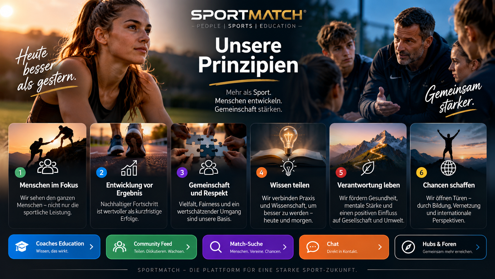 SPORTMATCH — Unsere Prinzipien: Menschen im Fokus, Entwicklung vor Ergebnis, Gemeinschaft und Respekt, Wissen teilen, Verantwortung leben, Chancen schaffen